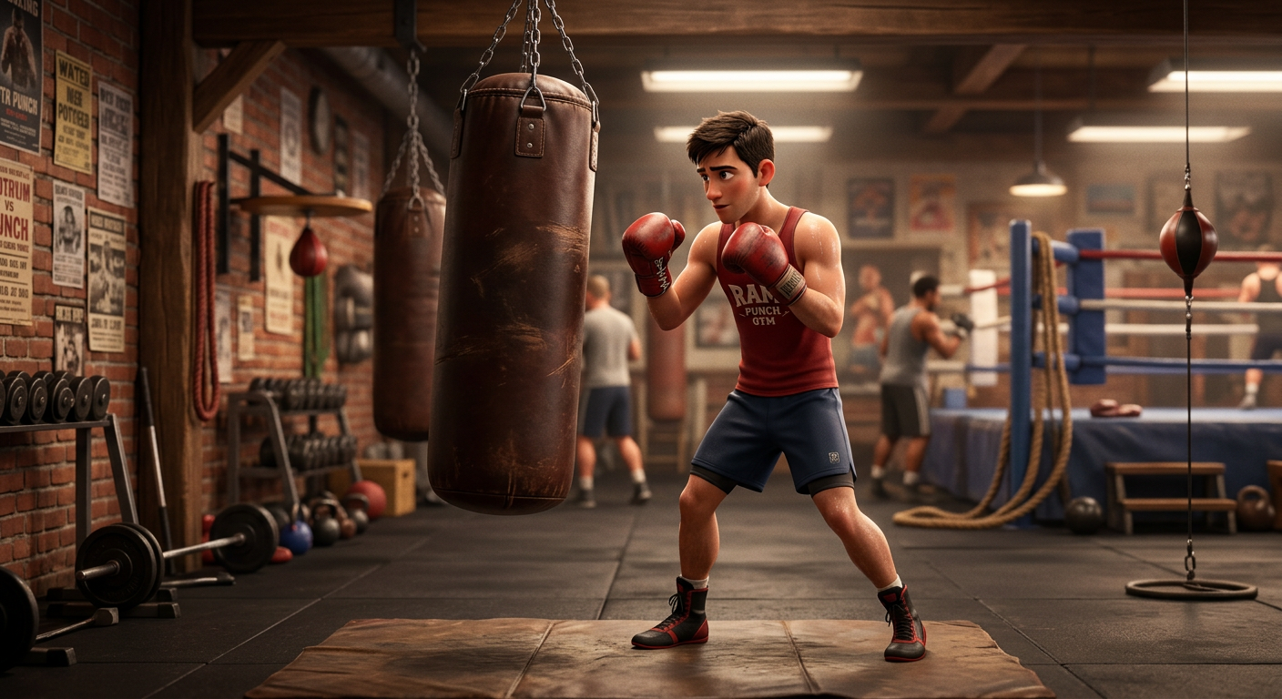 A young man prepares to hit a heavy bag while practicing boxing for ADHD in a classic gym setting.